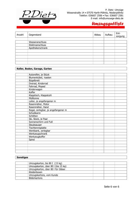 Umzugsgutliste als pdf zum offline ausfüllen - Dietz Umzüge