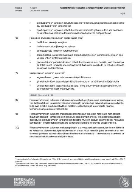 MÃ¤Ã¤rÃ¤ykset ja ohjeet 13/2013 - Finanssivalvonta