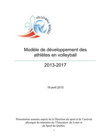 Plan de dÃ©veloppement de l'excellence 2013-2017 en volleyball