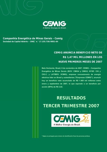 RESULTADOS TERCER TRIMESTRE 2007 - Cemig