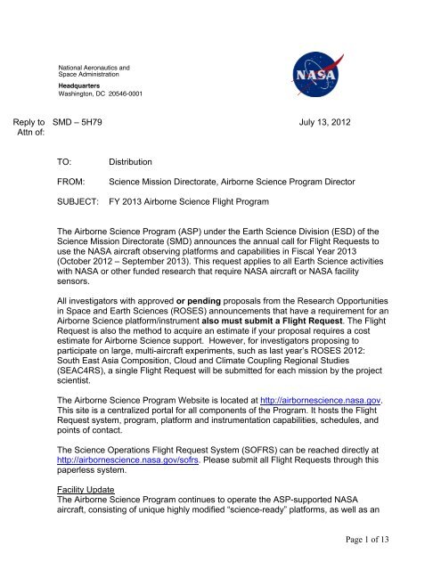 2013 Call Letter - NASA Airborne Science Program
