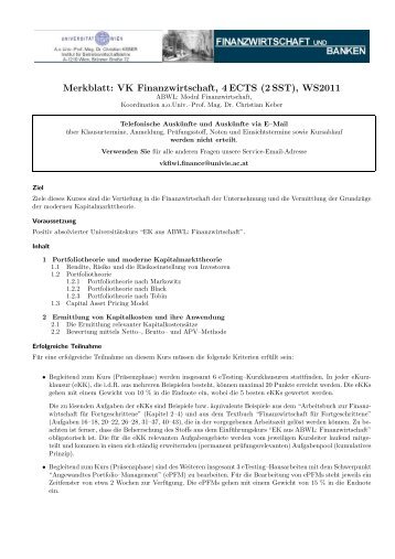 Merkblatt: VK Finanzwirtschaft, 4 ECTS (2 SST ... - UniversitÃ¤t Wien