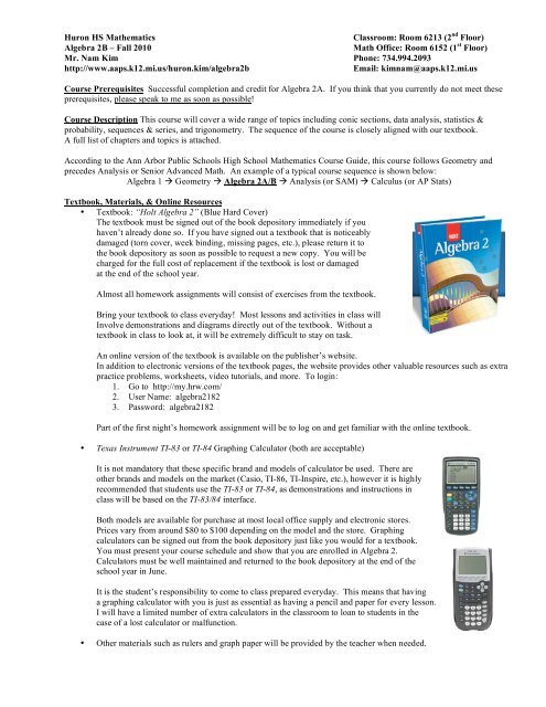 alg2b info sheet (fall 2010) - Ann Arbor Public Schools