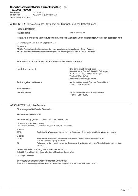 MSDS SRS Wiolan GT 46 - SRS Schmierstoff Vertrieb GmbH