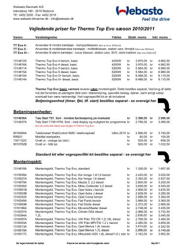 Vejledende priser for Thermo Top Evo sÃ¦son 2010