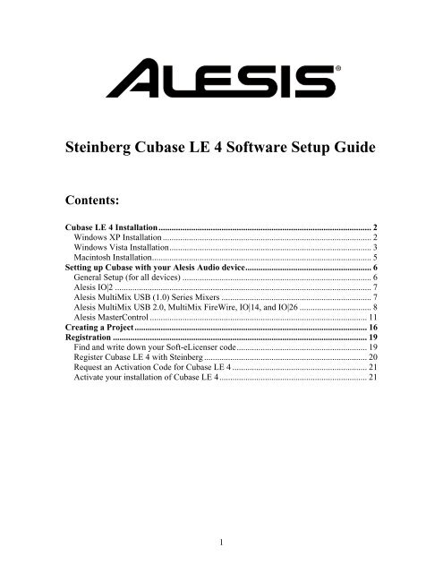 Steinberg Cubase LE 4 Software Setup Guide Contents - Alesis
