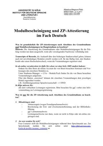 Modulbescheinigung und ZP-Attestierung - Institut - UniversitÃ¤t zu KÃ¶ln