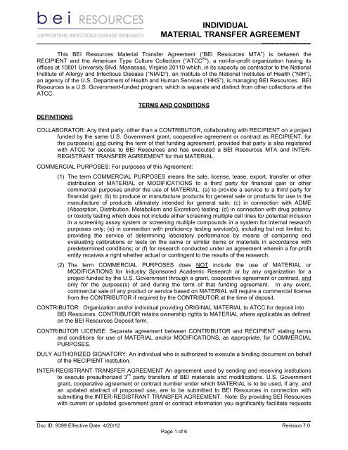 Immaterial Transfer individual material transfer agreement - BEI Resources