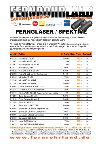 Bestellungen unter: info@fernrohrland.de oder Tel. 0711/95 760 -17 ...