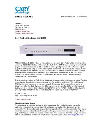PRESS RELEASE Cary Audio introduces the DVD 8