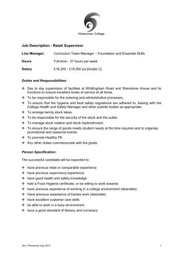 Job Description - Retail Supervisor - Halesowen College