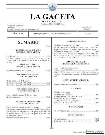 Gaceta - Diario Oficial de Nicaragua - # 242 de 14 Diciembre 2004