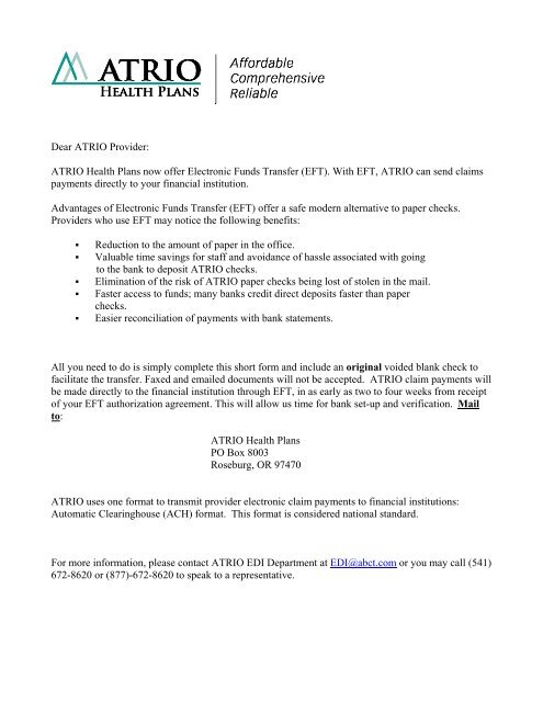 Eft Atrio Health Plans