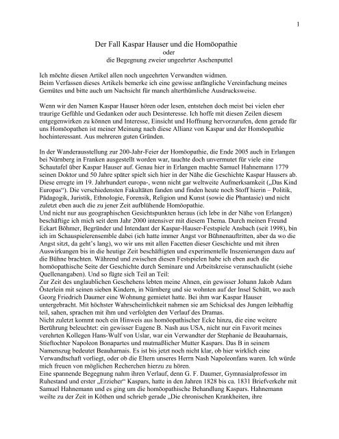 Der Fall Kaspar Hauser Und Die Homoopathie Der Naturheilpraxis