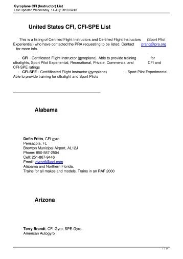 Gyroplane CFI (Instructor) List