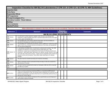 ABSL2 Checklist with NIH Guidelines - Select Agent Program