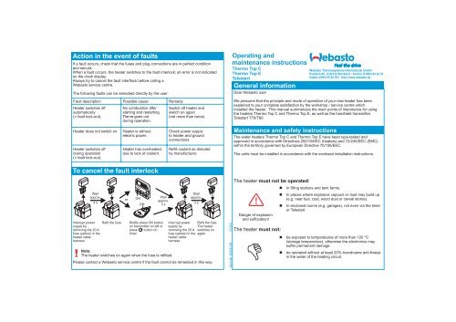 Operating And Maintenance Instructions. - Webasto Parking Heaters