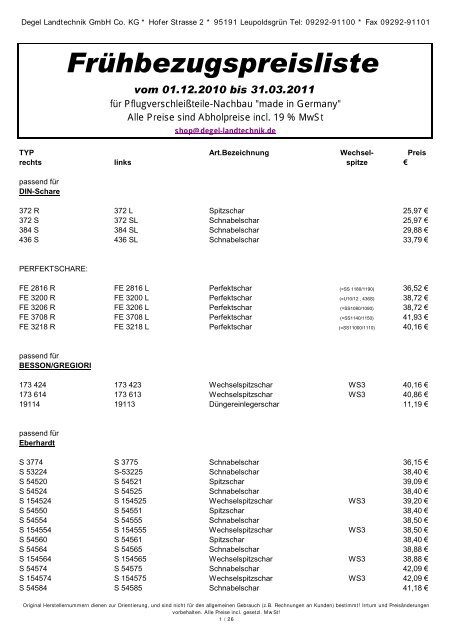FrÃ¼hbezugspreisliste - Degel Landtechnik - LeupoldsgrÃ¼n