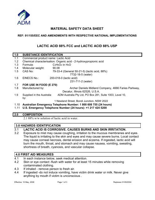 LACTIC ACID 88% FCC and LACTIC ACID 88% USP - ADM