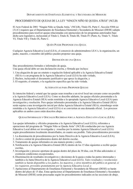 DESE-NCLB Complaint Procedures [Spanish]