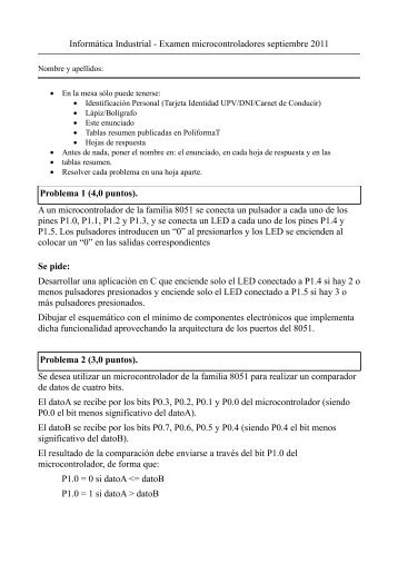 Examen microcontroladores septiembre 2011 ... - PoliformaT - UPV