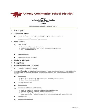 Agenda Ankeny School Board Meeting October 5, 2009 5:00 PM 1 ...