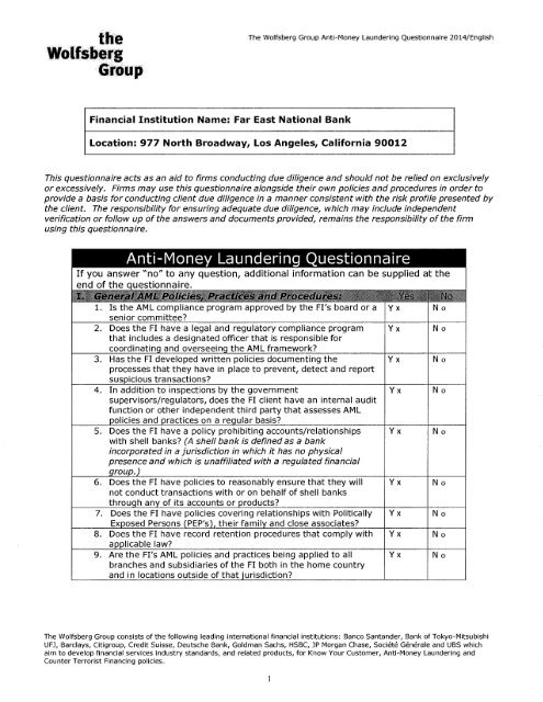 Bsa Aml Questionnaire Far East National Bank
