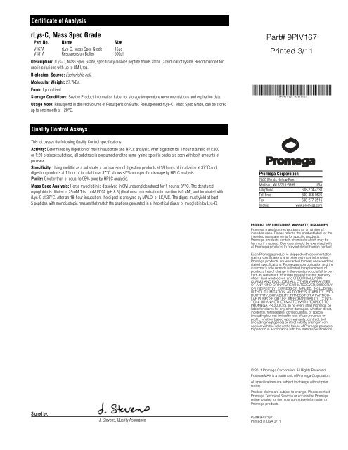 rLys-C, Mass Spec Grade Certificate of Analysis 9PIV167