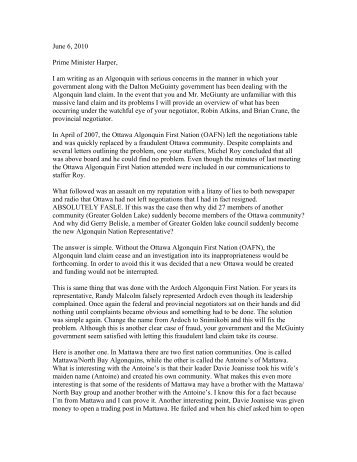 Letter to Prime Minister Harper - Ottawa Algonquin First Nation