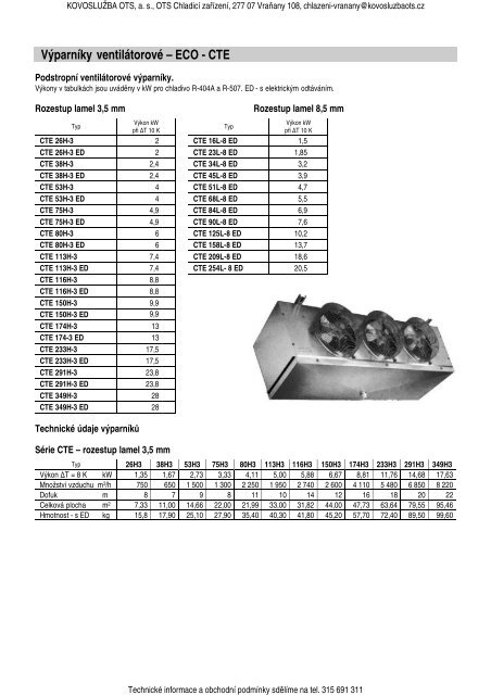 Výparníky ventilátorové – ECO - CTE - KOVOSLUŽBA OTS, as