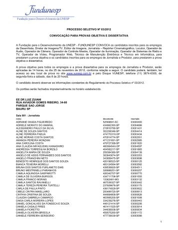 1 PROCESSO SELETIVO Nº 03/2012 CONVOCAÇÃO ... - fundunesp