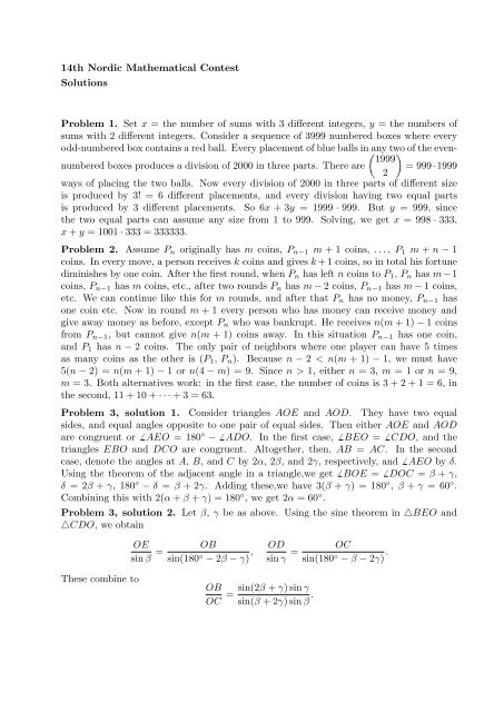 14th Nordic Mathematical Contest Solutions Problem 1. Set x = the ...