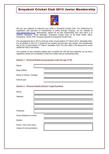 Membership Form - Grayshott Cricket Club