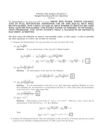 Some solutions to sample final exam/Review exercises