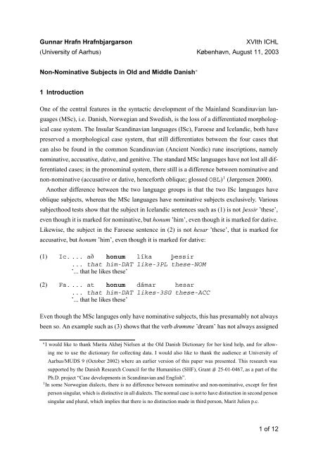 Non-Nominative Subjects in Old and Middle Danish