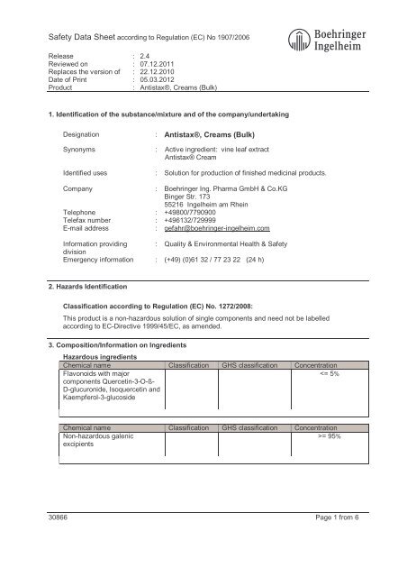 : Antistax®, Creams (Bulk) - Material Safety Datasheets -  Boehringer ...