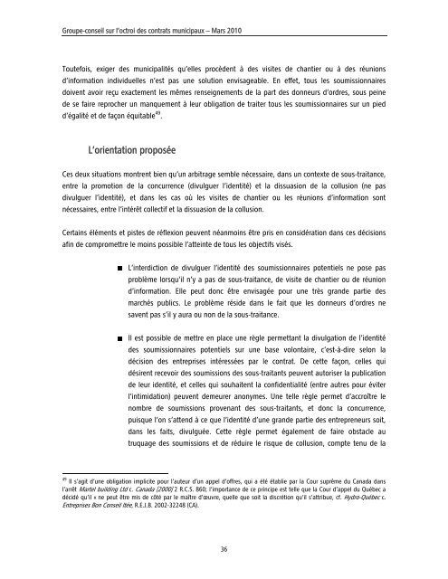 Rapport du Groupe-conseil sur l'octroi des contrats municipaux