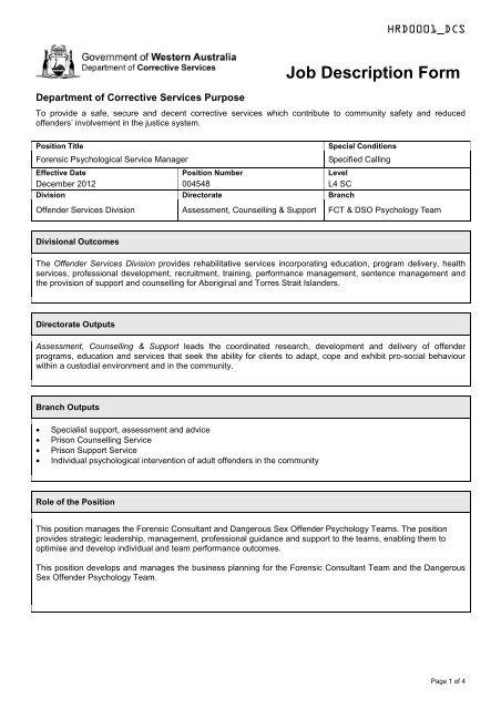 Job Description Form - Department of Corrective Services