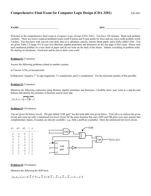 Comprehensive Final Exam for Computer Logic Design (CDA 3201)