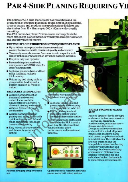 Wadkin PAR Mk II Four Sided Planer Literature