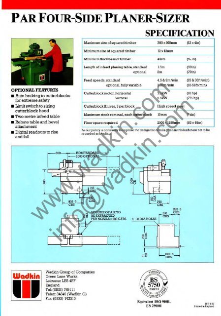 Wadkin PAR Mk II Four Sided Planer Literature