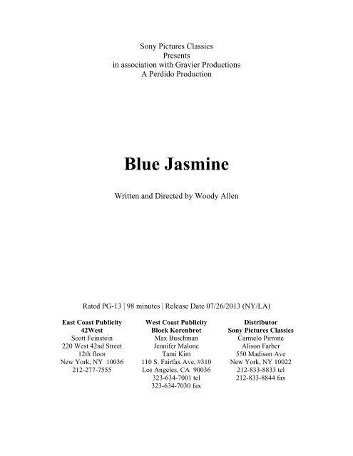 Blue Jasmine Press Kit - Sony Pictures Classics