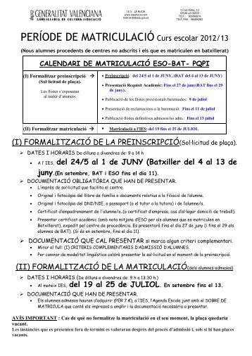 DATES I HORARIS PER A LA FORMALITZACIÃ DE ... - IES La Nucia