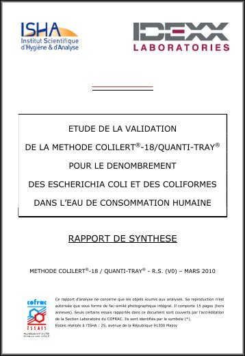 Rapport de Synthèse Colilert-18-Quanti-Tray - Idexx