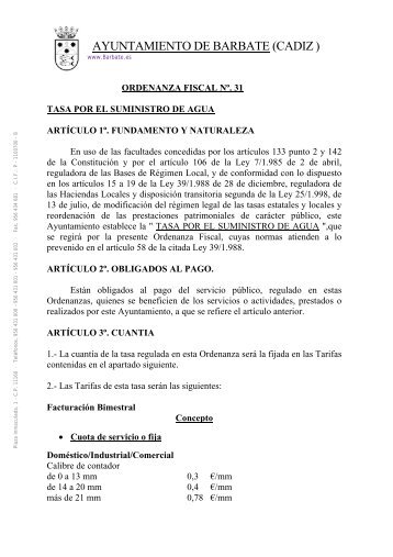 Ordenanza 31: Tasa por suministro de agua - Ayuntamiento de ...