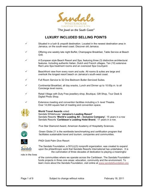 Sandals Whitehouse Fact Sheet Pdf Jamaicamania