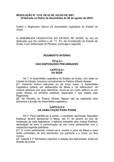 Regimento em PDF - Assembleia Legislativa do Estado de GoiÃƒÂ¡s