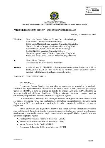 PARECER TÃCNICO NÂº 014/2007 â COHID/CGENE/DILIC/IBAMA ...