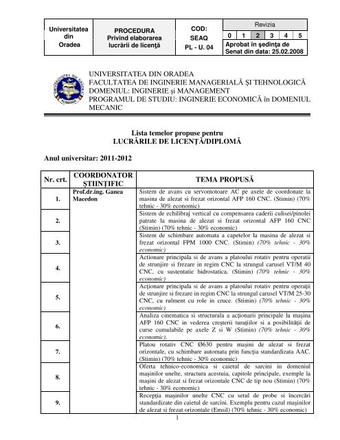 Teme Pentru Proiecte De Diploma Iedm Facultatea De Inginerie