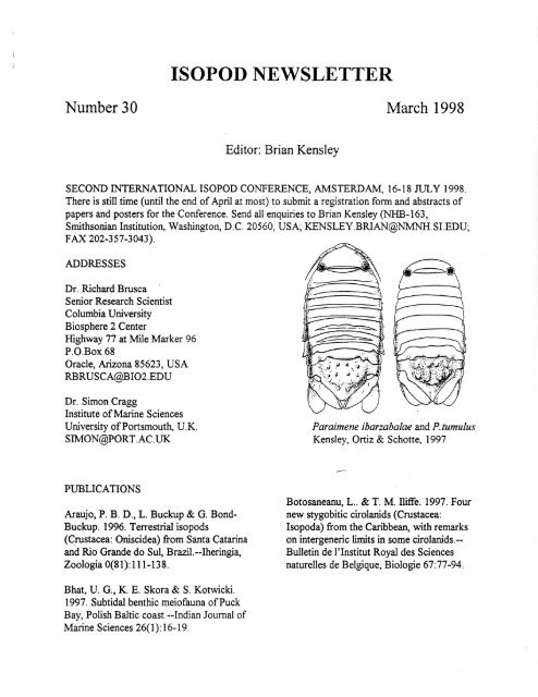 Isopod Newsletter 30 - Department of Invertebrate Zoology ...